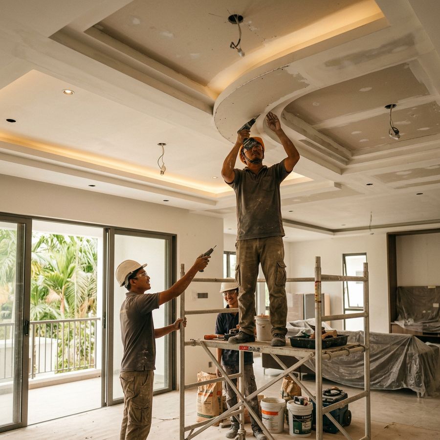 RILON team installing a curved gypsum board ceiling on site