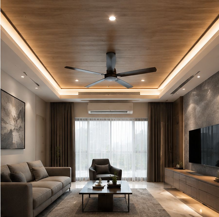 Wood-panel ceiling with cove lighting and ceiling fan, residential living room